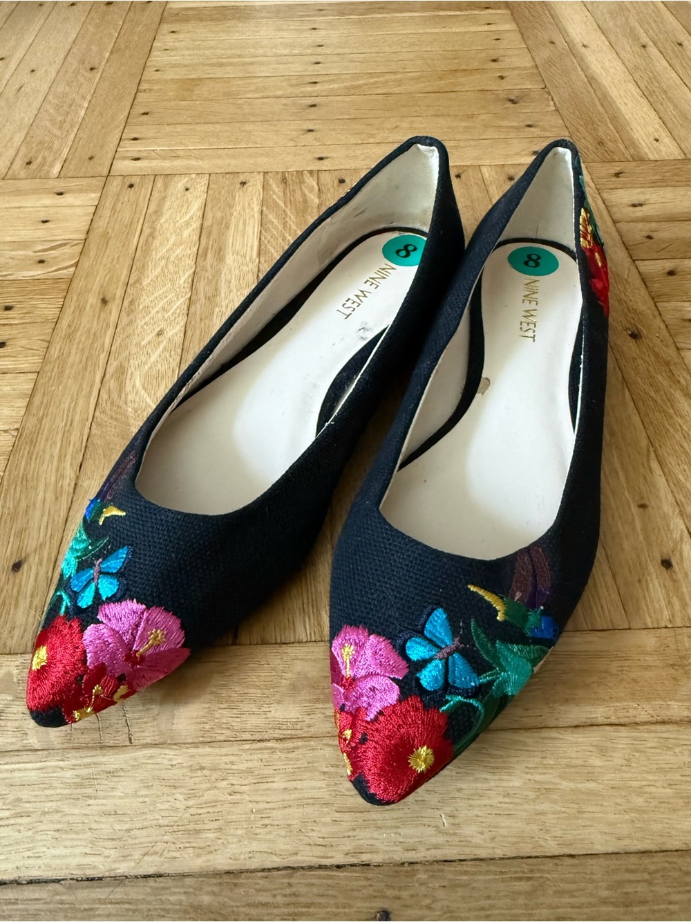 Nine West Black Pointed Toe Flats with Colorful Floral Embroidery